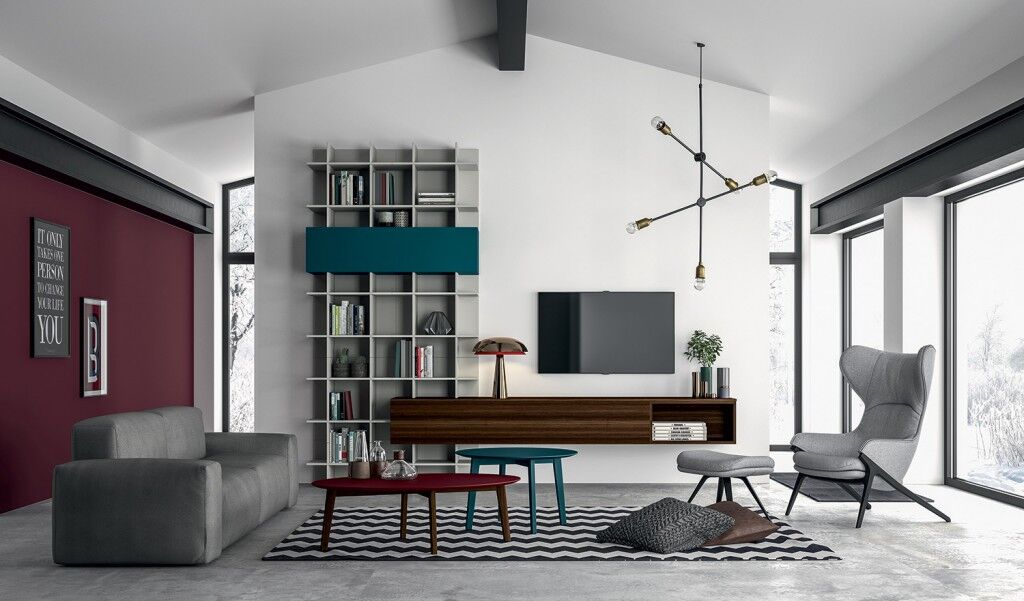 Wohnwand, TV-Möbel und Bücherregal unisono